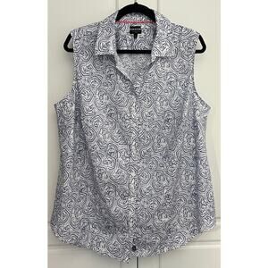 Talbots Woman Sleeveless Button-Up Shirt Blue/White Geometric Print Size 18W